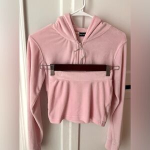 Velour Light Pink Cropped Hoodie Skirt Set